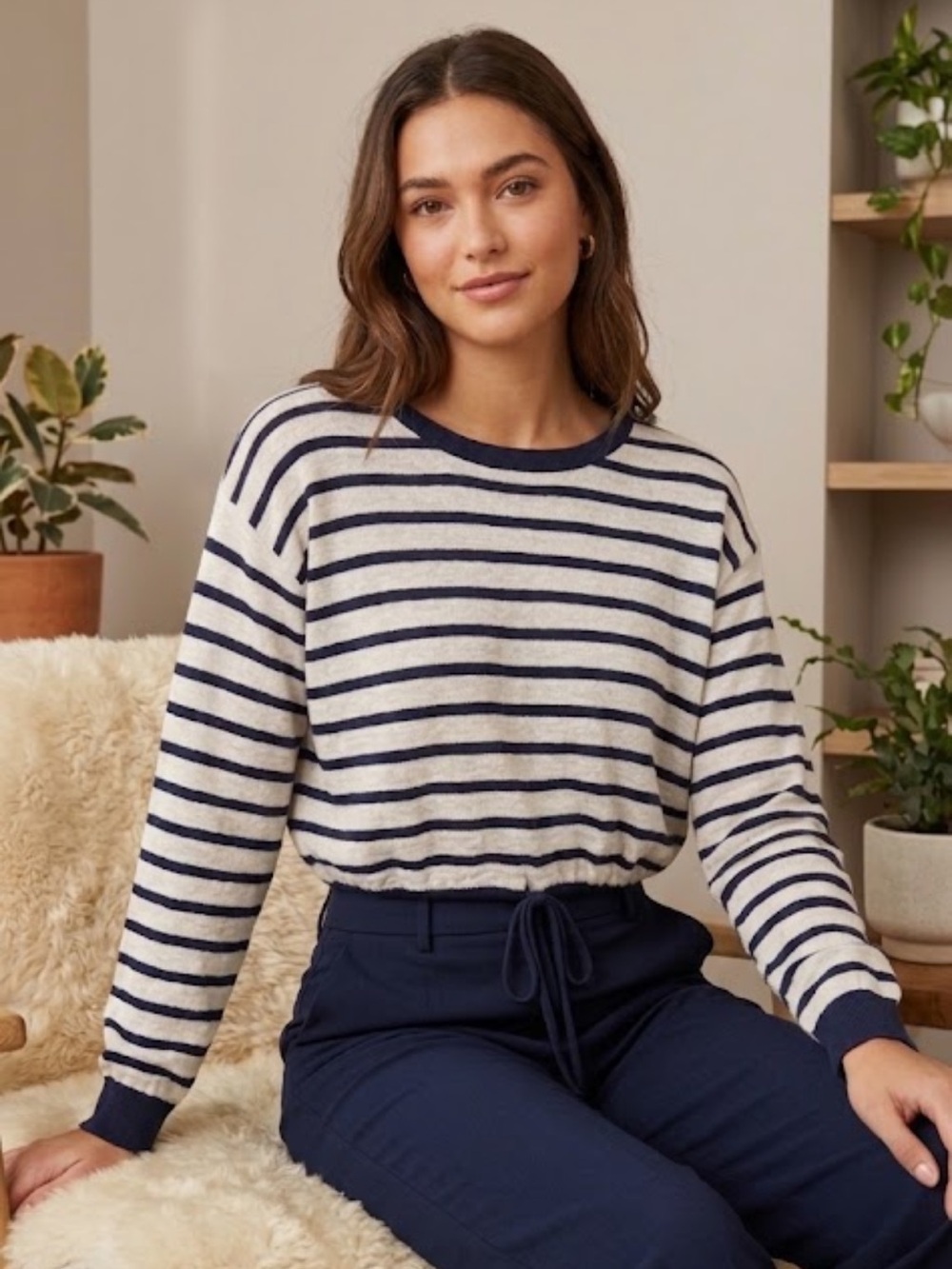 Alice + Olivia Bernetta Striped Linen Blend Crop Sweater XS Navy Coastal Prep
N